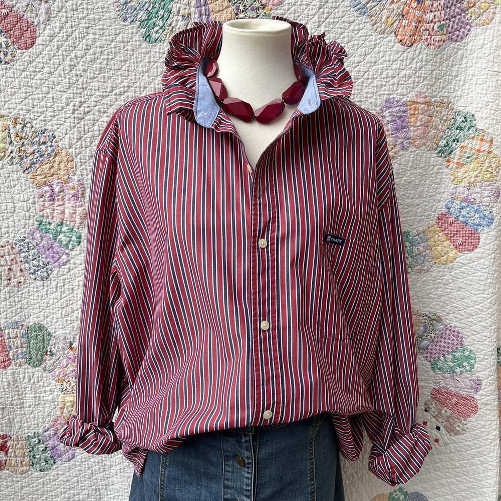 Upcycled Chaps Crimson & Navy Stripe Varsity Team Rebels Ruffle Collar Shirt XXL